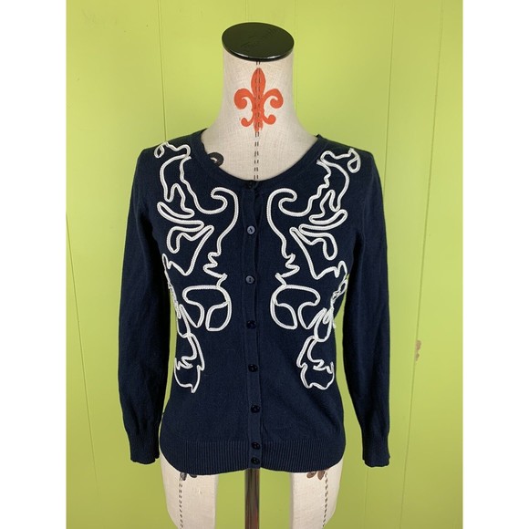 Top Knits Woman’s Sweater Small Navy Blue Buttons Up Embroidery Braid - Picture 1 of 10